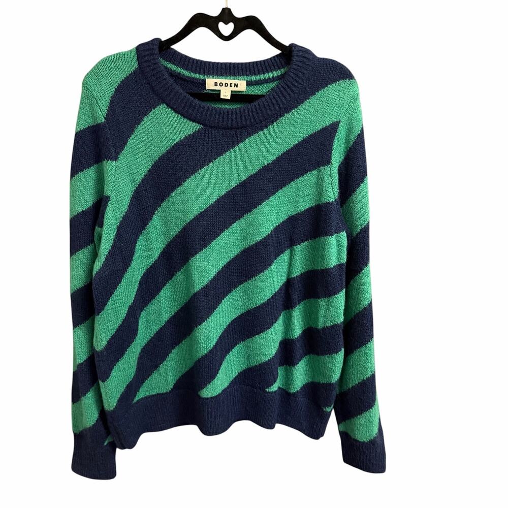 Boden Fluffy Diagonal Stripe Jumper Navy Green Knit Crewneck Sweater Size Large - Picture 2 of 7